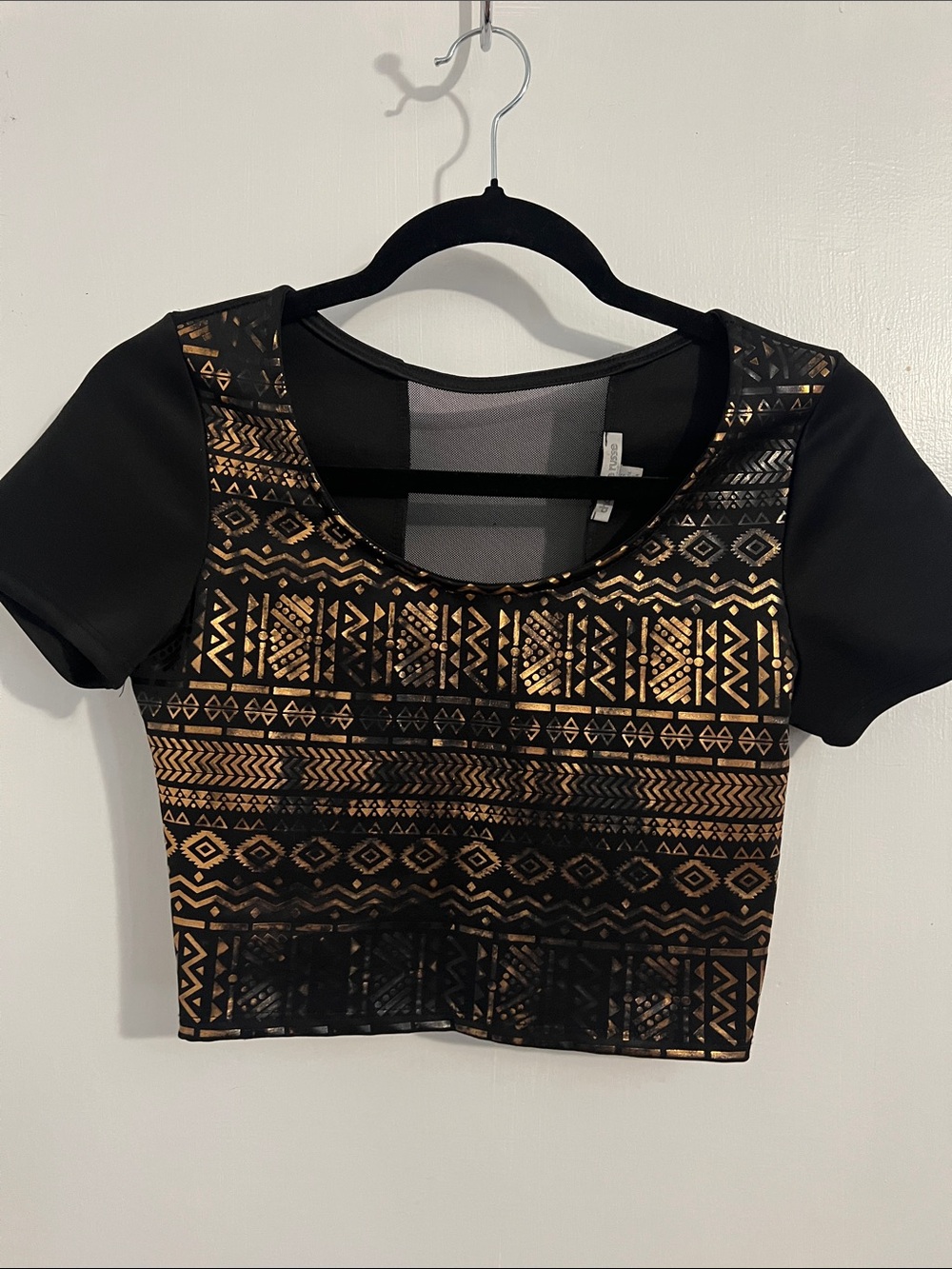 Charlotte Russe Black Crop Top with Metallic Gold Aztec Pattern
